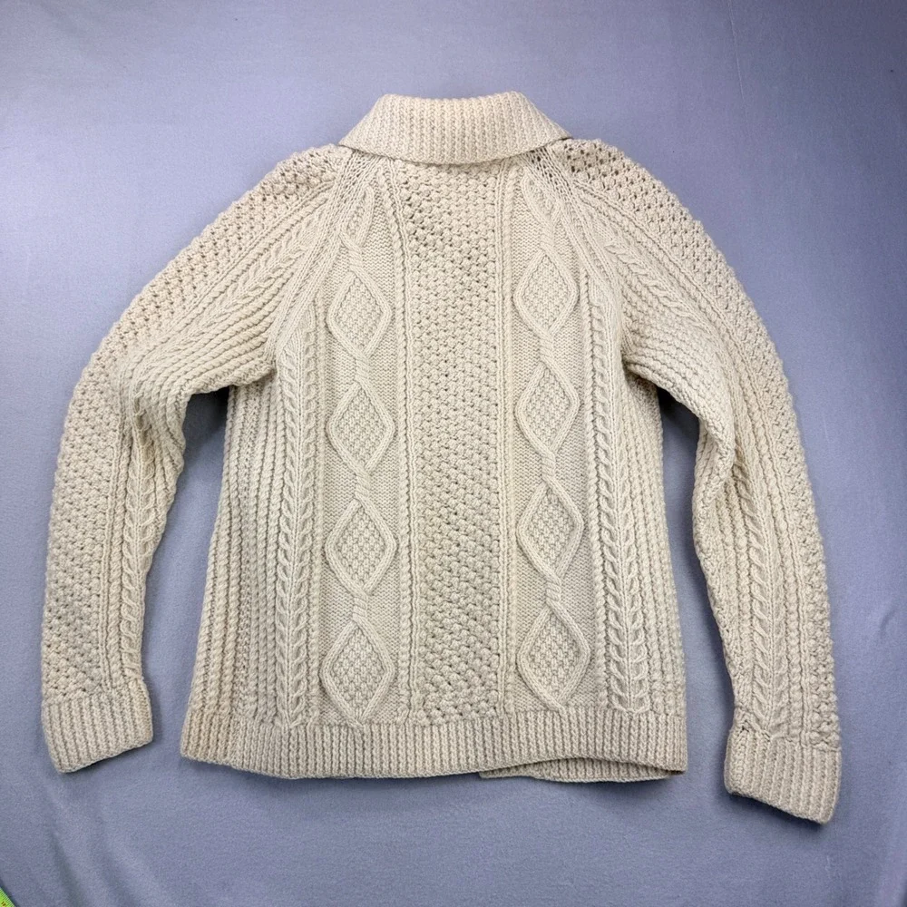 Vintage Fisherman Hand Knit Wool Cardigan Cream Cable Knit Sweater Spread Collar
